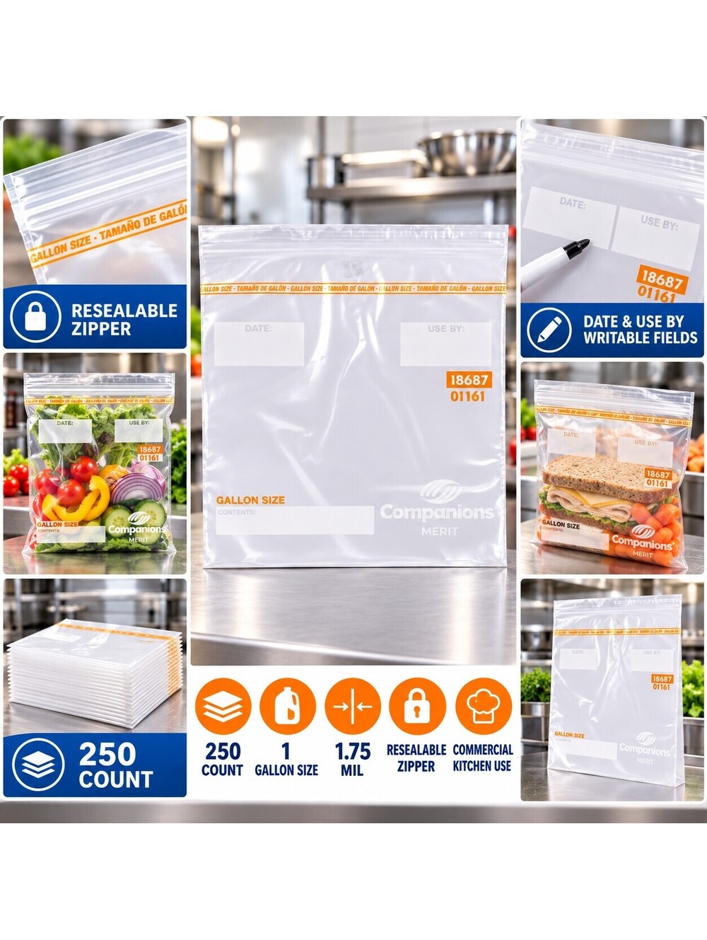 Companions Merit 1 Gallon Reclosable Storage Bags 250 Count 1.75 Mil Clear